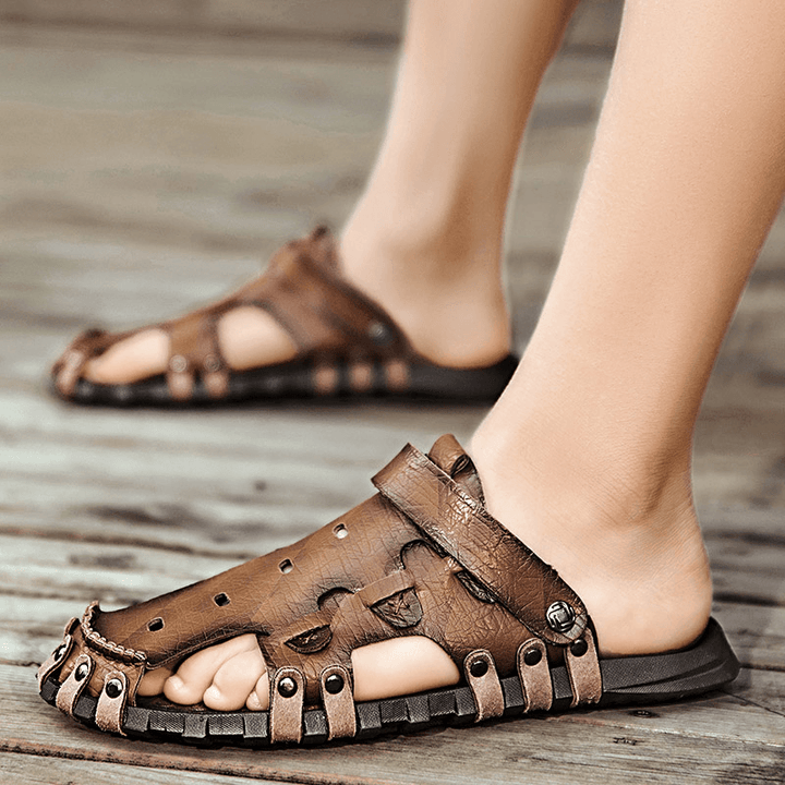 Men PU Sandals Two-Ways Breathable Closed Toe Casual Vintage Slippers