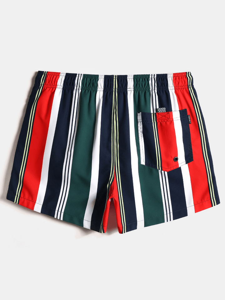 Mens Colorful Stripe Drawstring Pocket Quick Dry Holiday Board Shorts