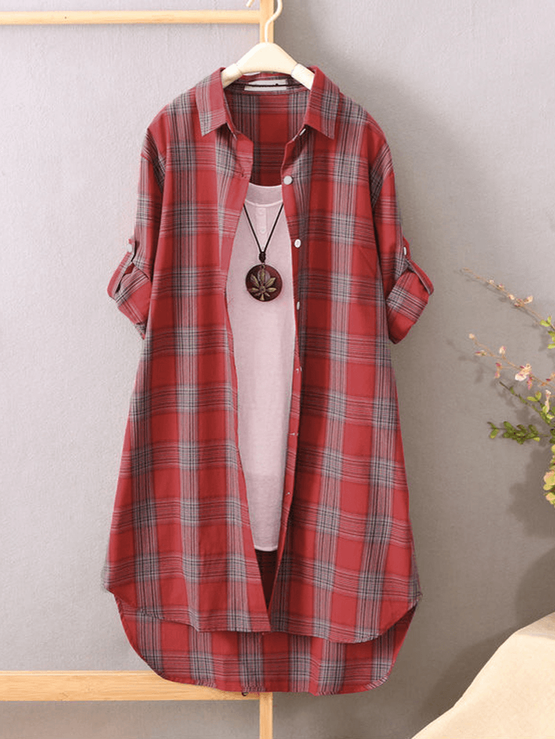 Women Plaid Lapel Collar Long Sleeve Casual Long Shirts