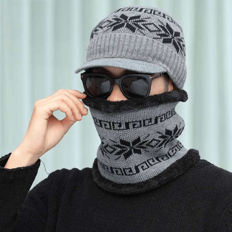 Unisex Men Winter Windproof Knit plus Velvet Hat Scarf Set