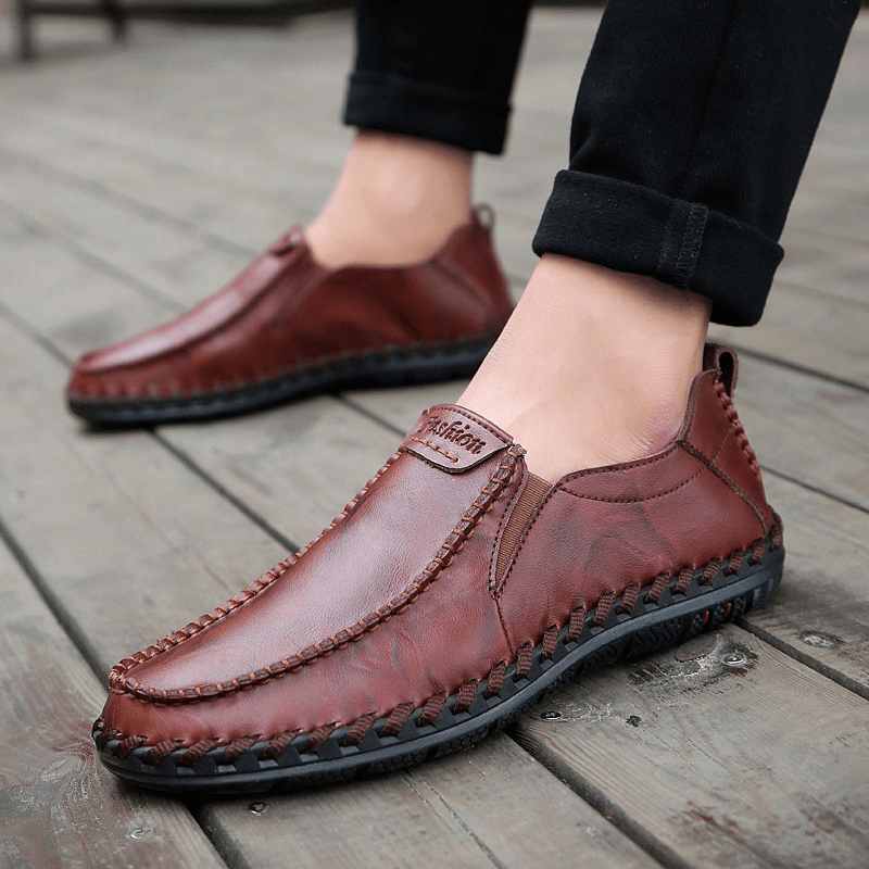 Men Hand Stitching Sfot Leather Non Slip Sole Comfy Slip-On Casual Driving Shoes