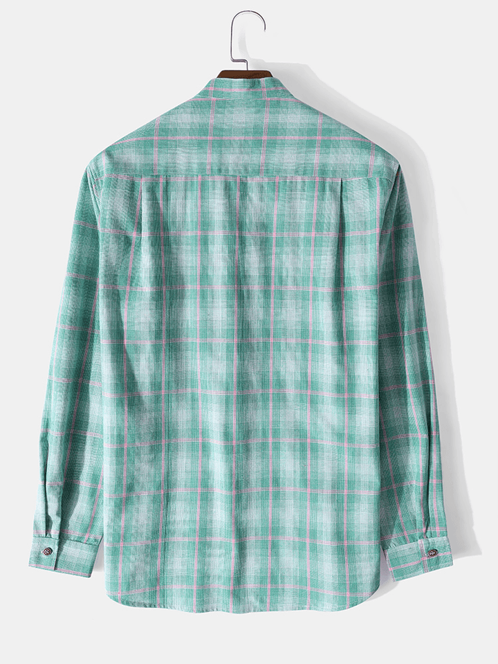 Mens 100% Cotton Plaid Stand Collar Long Sleeve Henley Shirts