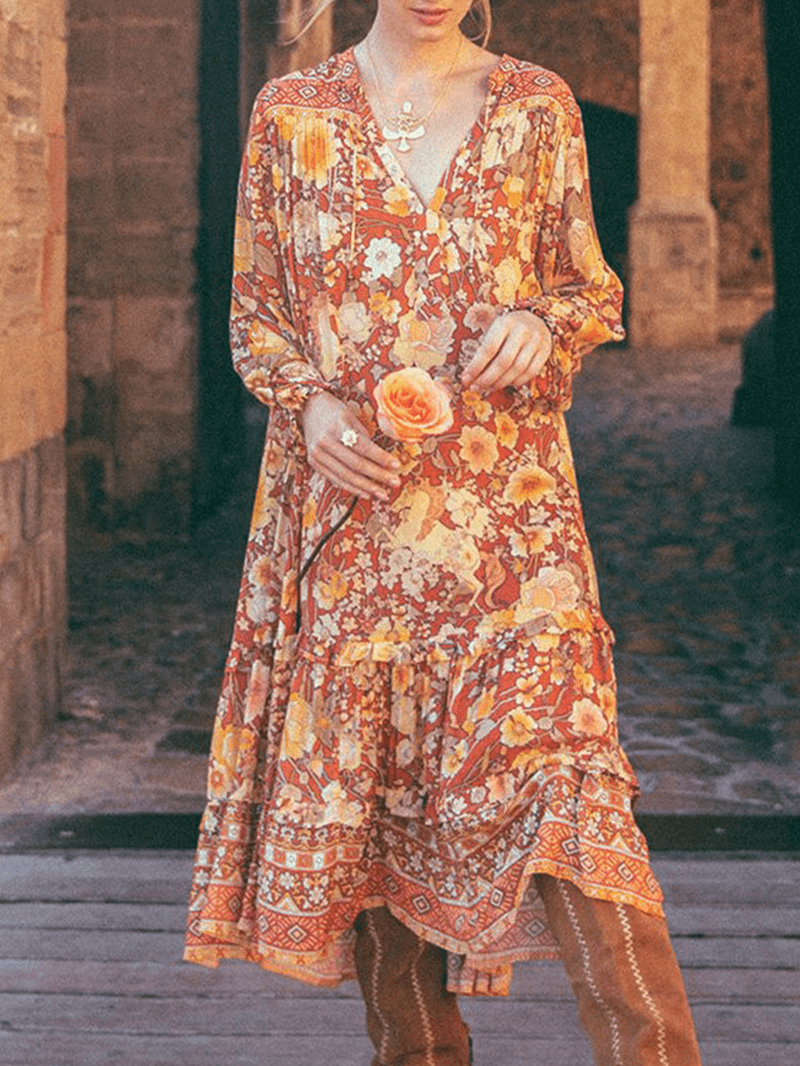 Bohemian Floral Print V-Neck Long Sleeve Mid-Long Dress