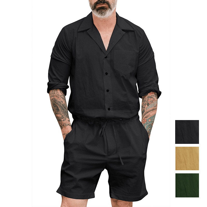 INCERUN Men Solid Color Drawstring Short Jumpsuit