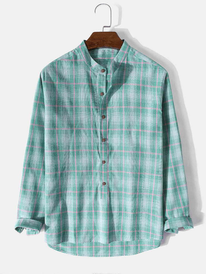 Mens 100% Cotton Plaid Stand Collar Long Sleeve Henley Shirts