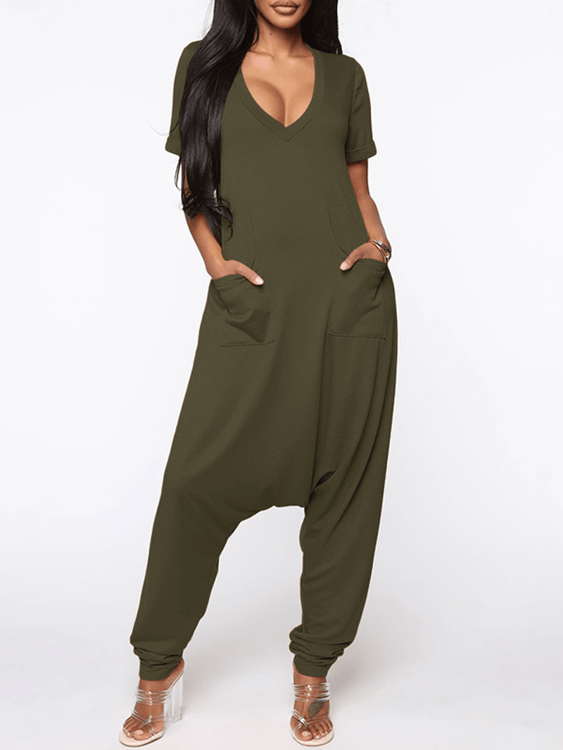 Women Short Sleeve V-Neck Loose Pocket Harem Jumpsuits