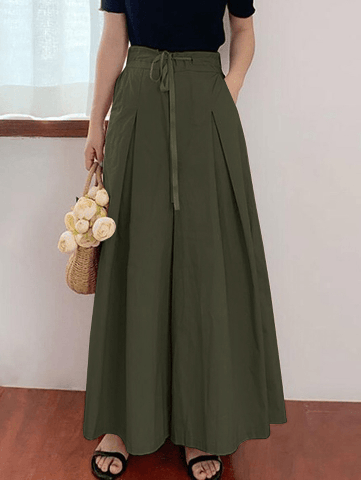 Women Drawstring Waist Loose Solid Color Casual Wide Leg Pants with Pocket