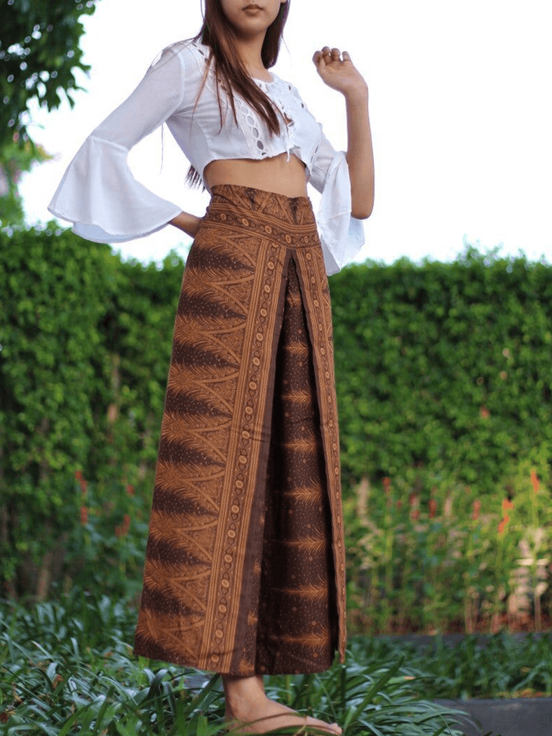 Women Idyllic Ethnic Style High Waist Side Split Loose Yoga Wide Leg Pants