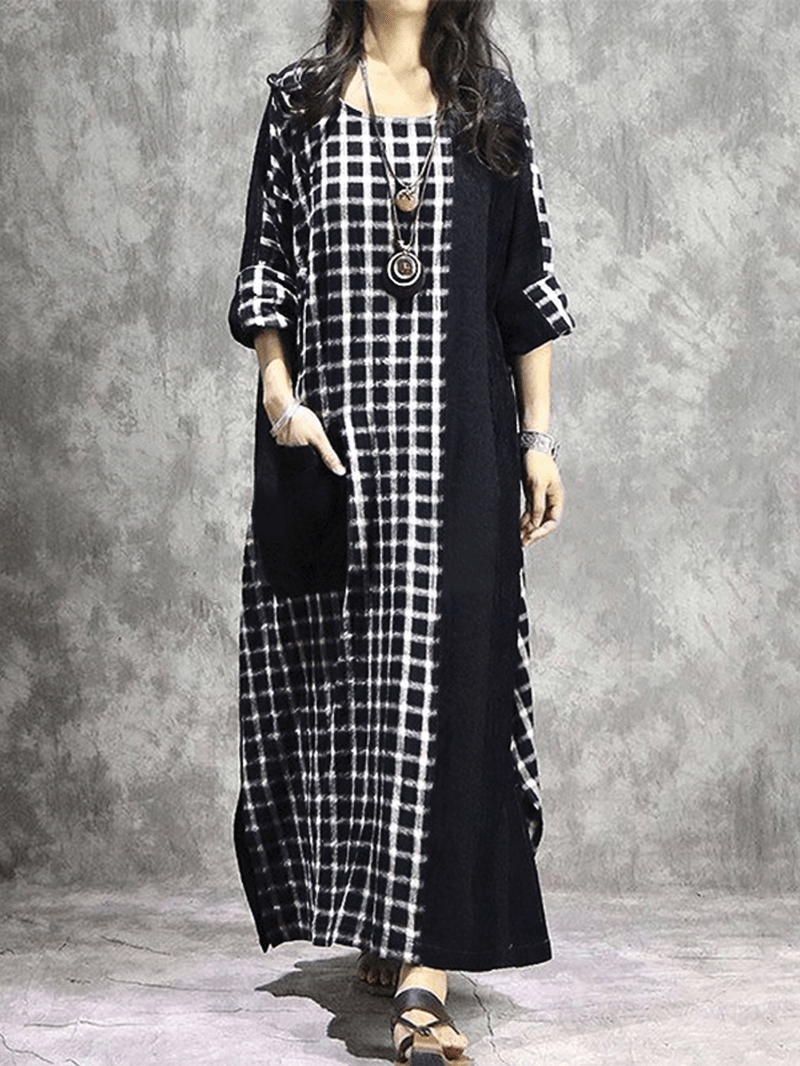 Plaid Patchwork round Neck Long Sleeve Casual Maxi Dress