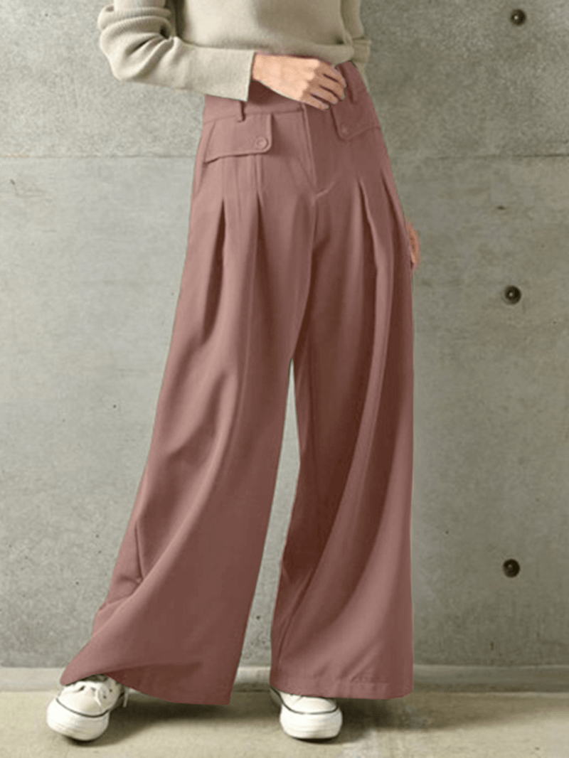 Women Solid Color Button Casual Loose Wide Leg Pants with Pocket