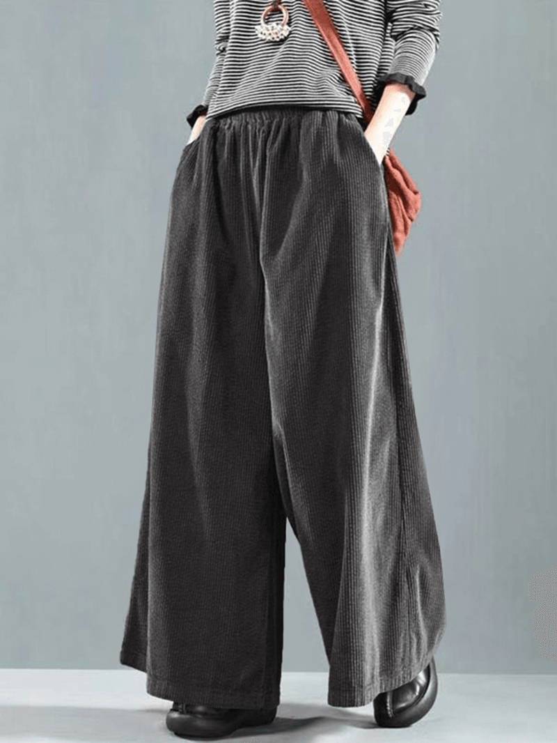 Women Wide Leg Corduroy Casual Solid Elastic Waist Loose Pants with Side Pocket - MRSLM