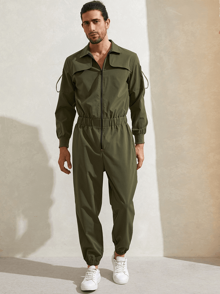 Mens Zipper up Lapel Collar Leisure Jumpsuit