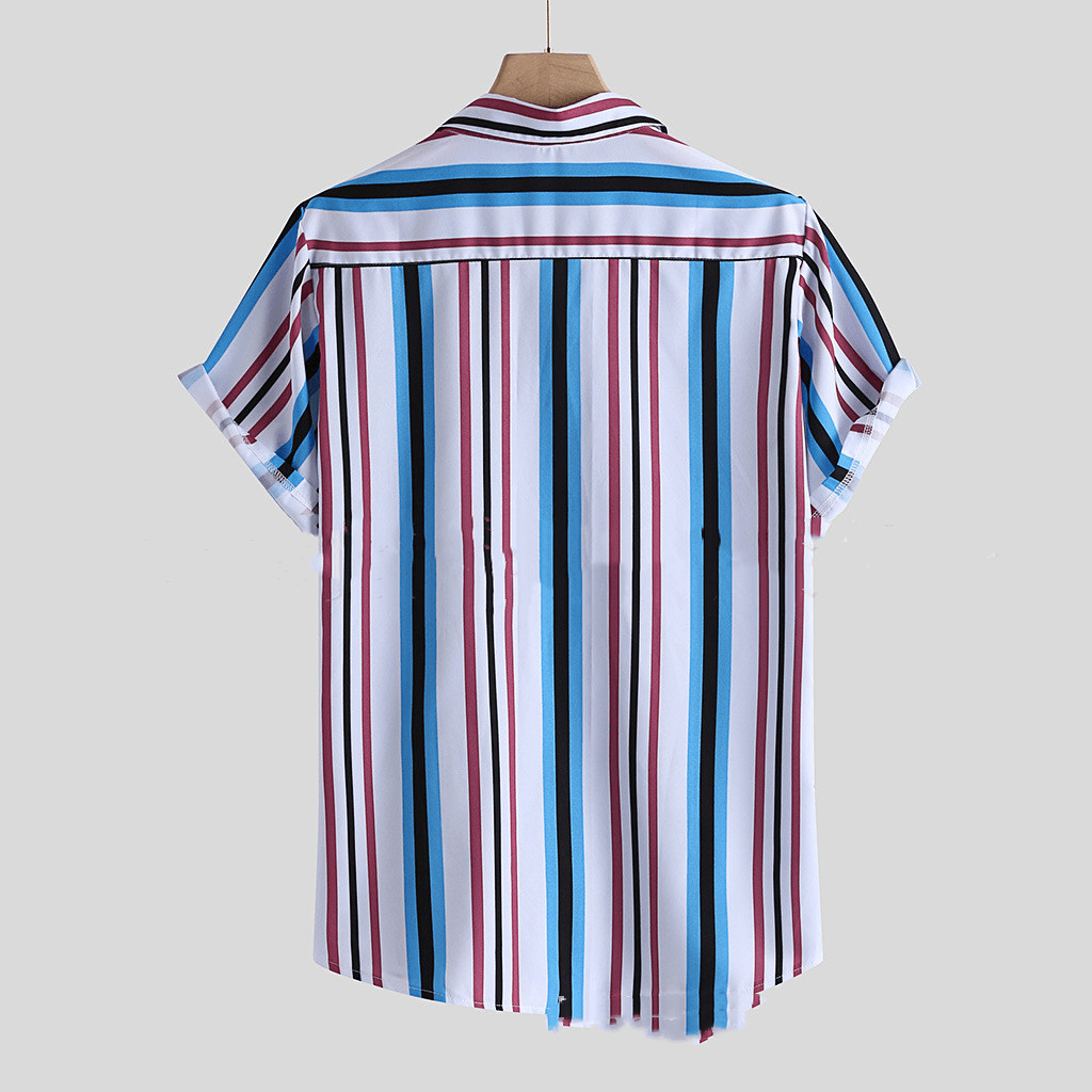 Men'S Lapel Print Striped Short Sleeve Shirt