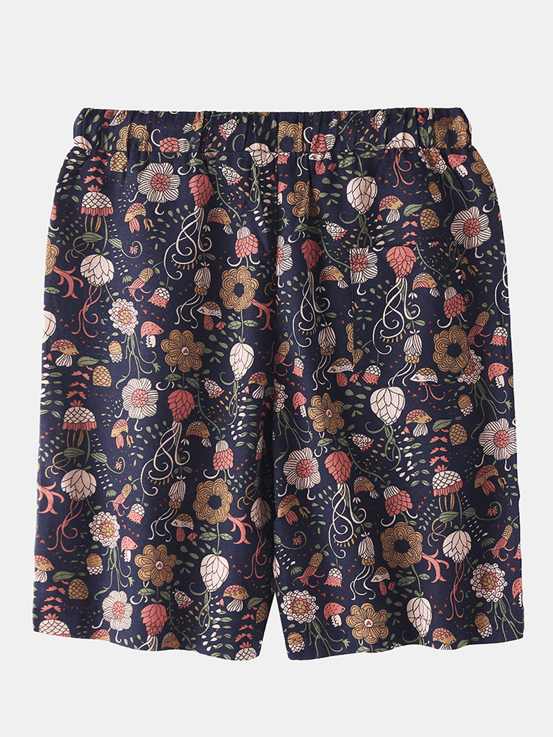 Cotton Mens Floral Print Pocket Drawstring Casual Shorts