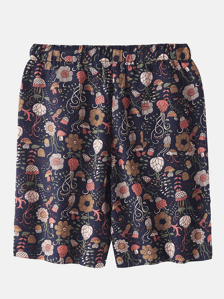 Cotton Mens Floral Print Pocket Drawstring Casual Shorts