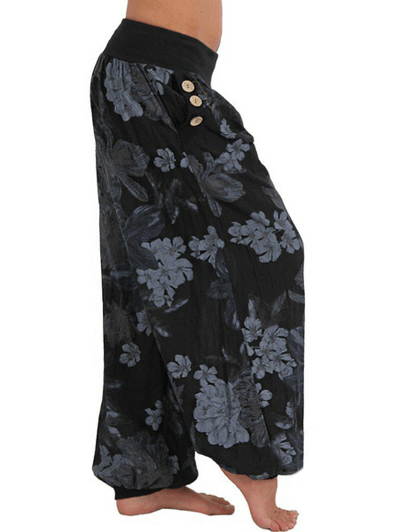 Women Casual Loose Floral Print Button Full Length Pants