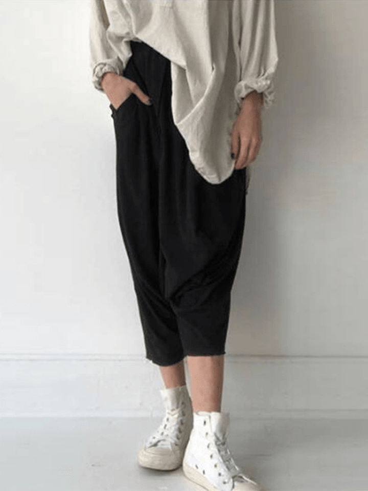 Women Pure Color Loose Elastic Waist Side Pockets Pants