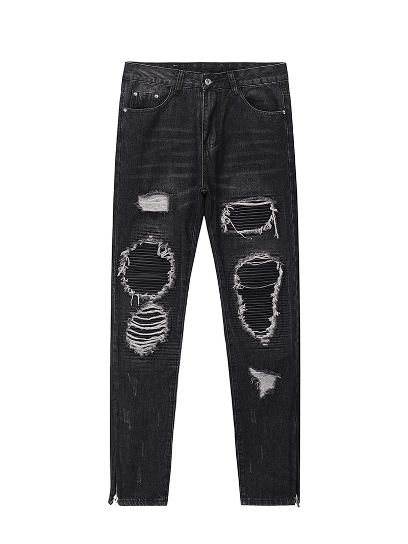 Men Ripped Patch PU and Leather Zipper Jeans