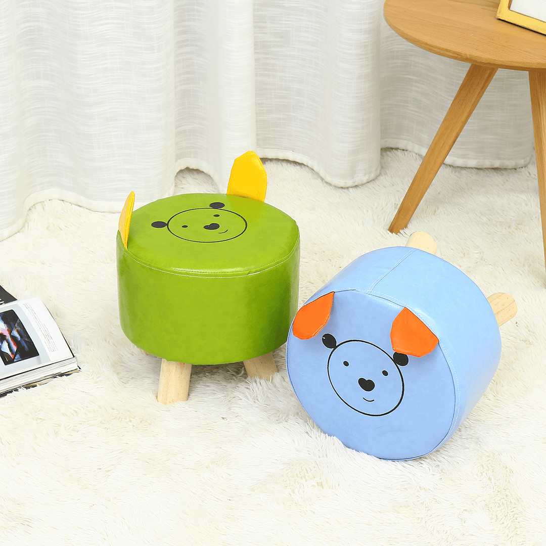 Cartoon PU Stool Wooden Legs Family Living Room round Stool Creative Leisure Sofa Small Bench Home Supplies