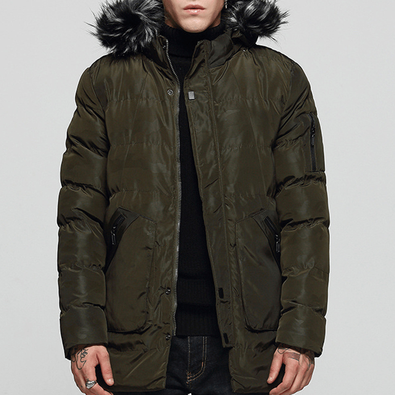 Mens Winter Mid-Long Thick Warm Coat Faux Fur Hooded Parka