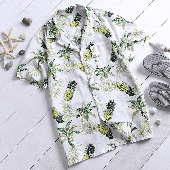 Men Tropical Plants Printed Short Sleeve Hawaiian Shirts