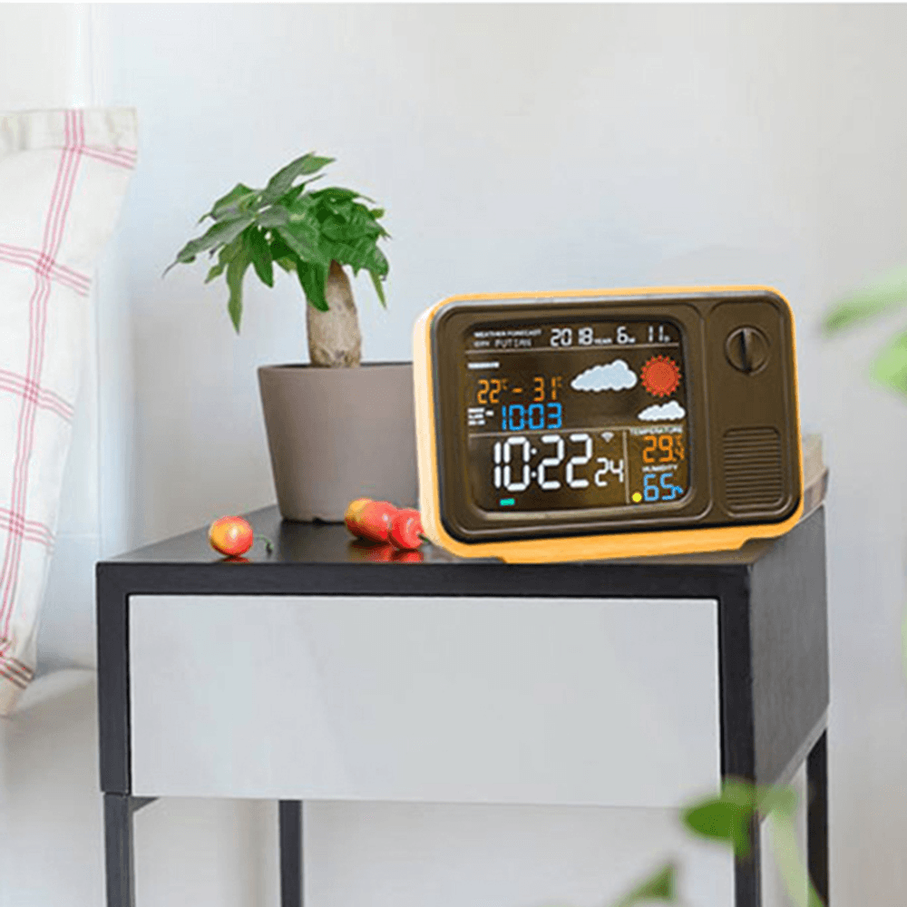 Digital USB Wifi Weather Forecast Station Desk Bamboo Alarm Clock Temperature Humidity APP Control