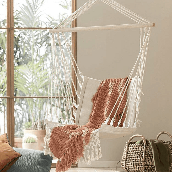 Hammock Cotton Swing Camping Hanging Rope Chair Wooden Beige Tasse Patio