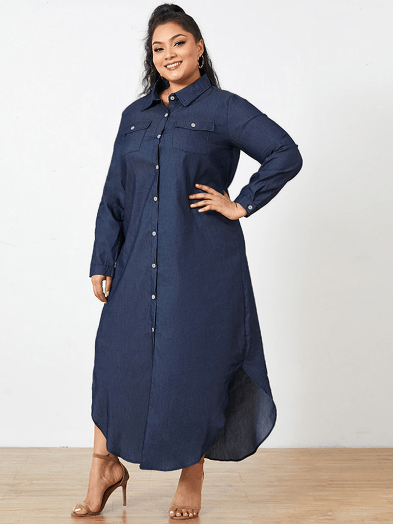 Casual Loose Button Front Irregular Split Hem Denim Maxi Shirt Dress with Front Pockets