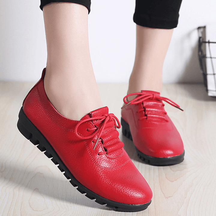 Women Non-Slip Solid Color Leather Lace-Up Soft Sole Flats