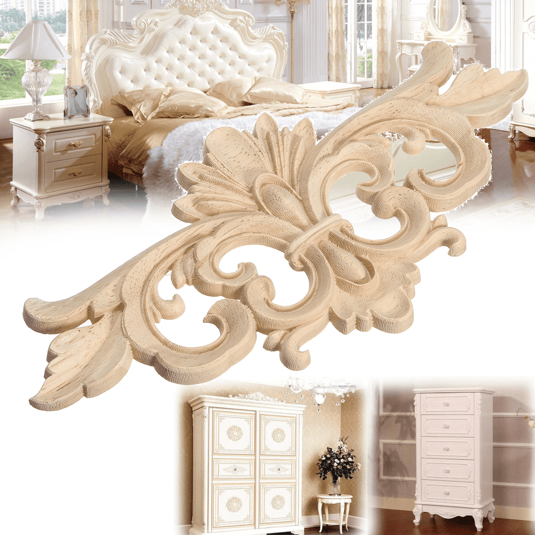 Wood Carving Applique Unpainted Flower Applique Wood Carving Decal for Furniture Cabinet 22X10Cm