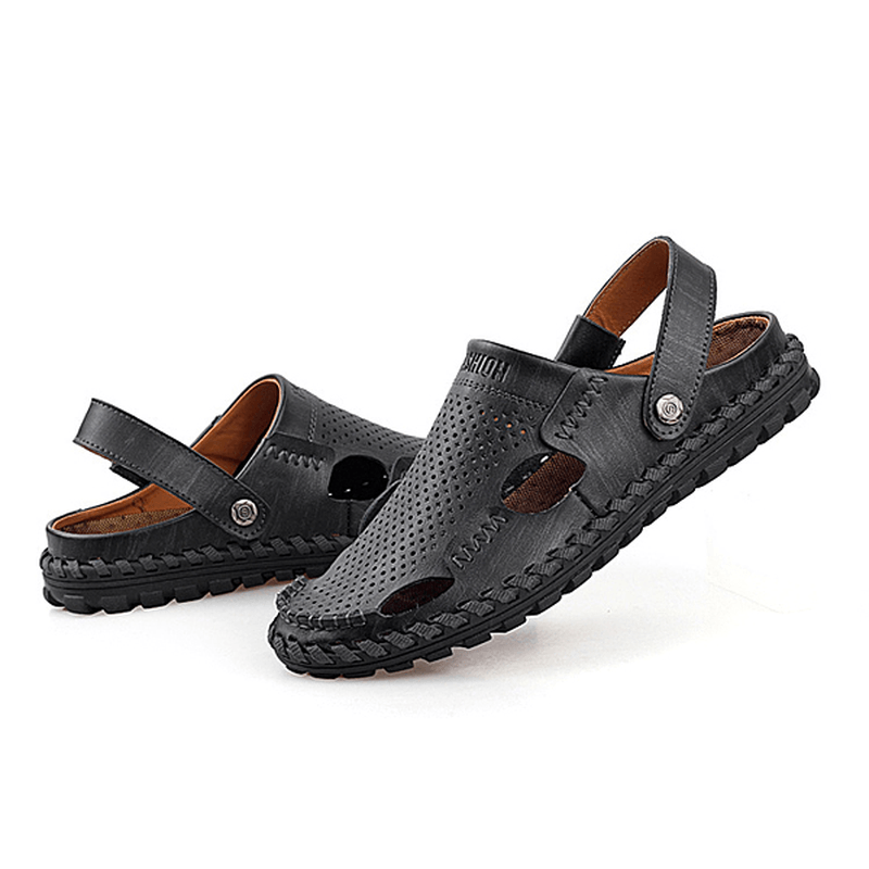 Men Summer Leather Sandal Casual round Toe Outdoor Flat Fashion Soft Beach Slipper