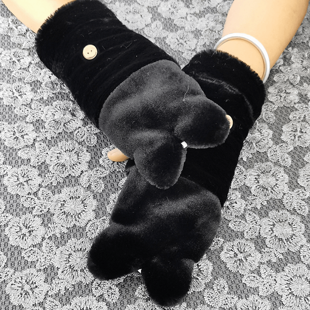 Women Plush plus Thicken Cute Cartoon Cat Pattern Keep Warm Half-Finger Gloves