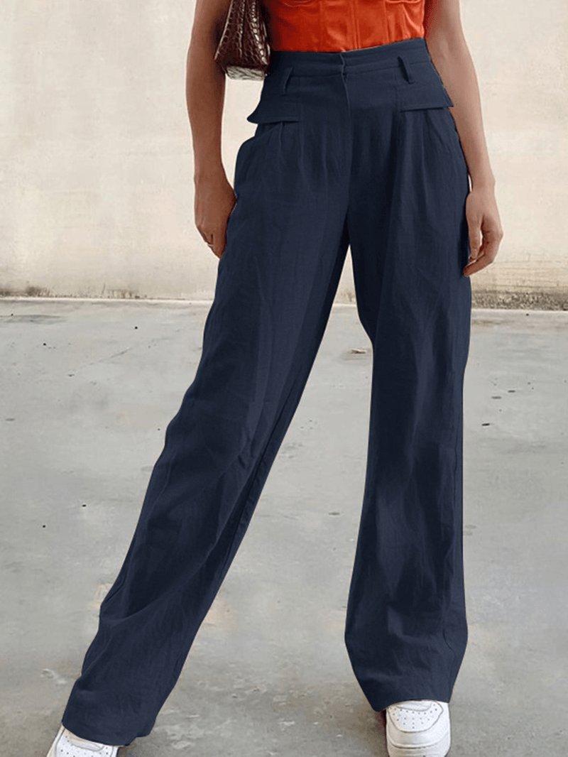 Women Zipper High Waist Wide Leg Pants Solid Color Casual Trousers with Pocket