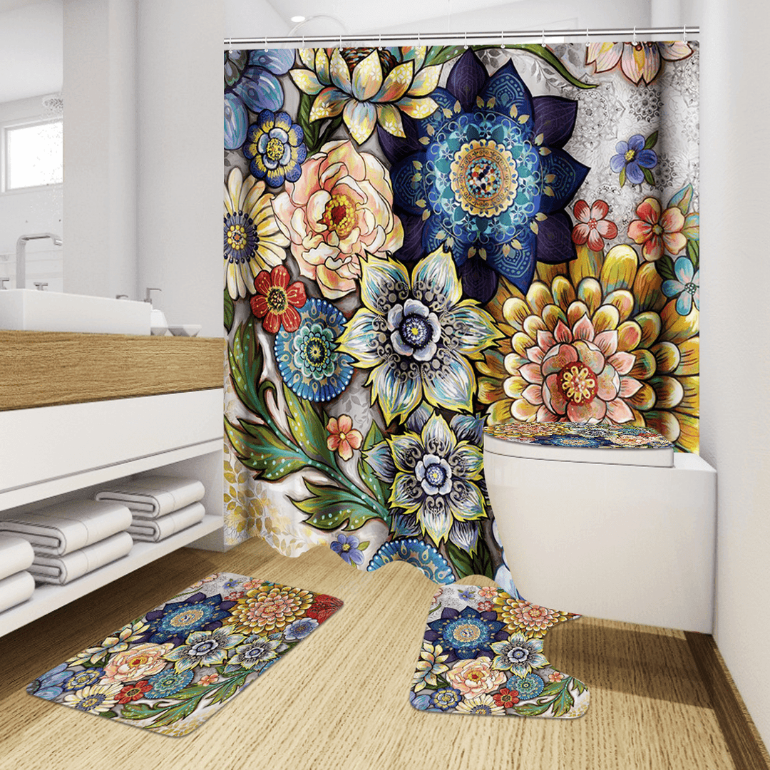 4Pcs Bathroom Mat Set Pedestal Rug Lid Toilet Cover Shower Curtain Non Slip