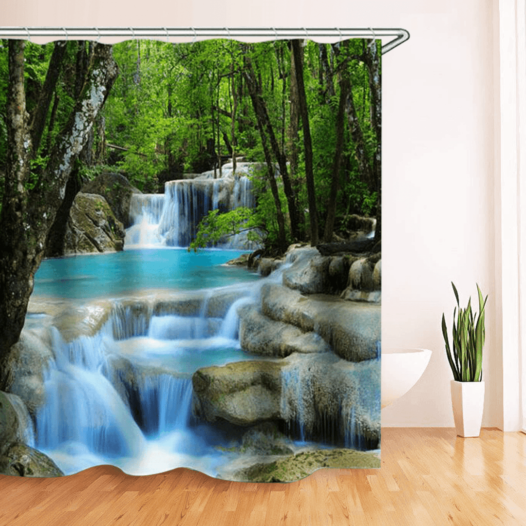 3D Waterfall Nature Scenery Bath Shower Curtain Water Resistant Bathroom Shield