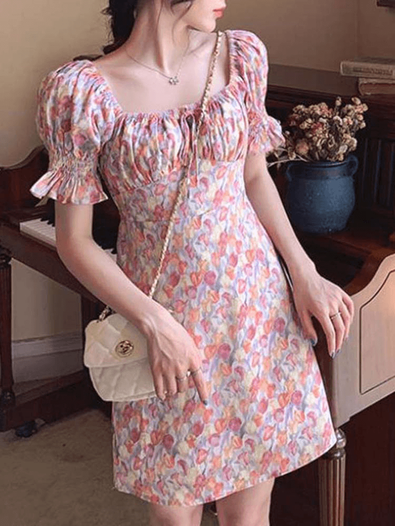 Puff Sleeve Printing Leisure Summer Holiday Dress for Women