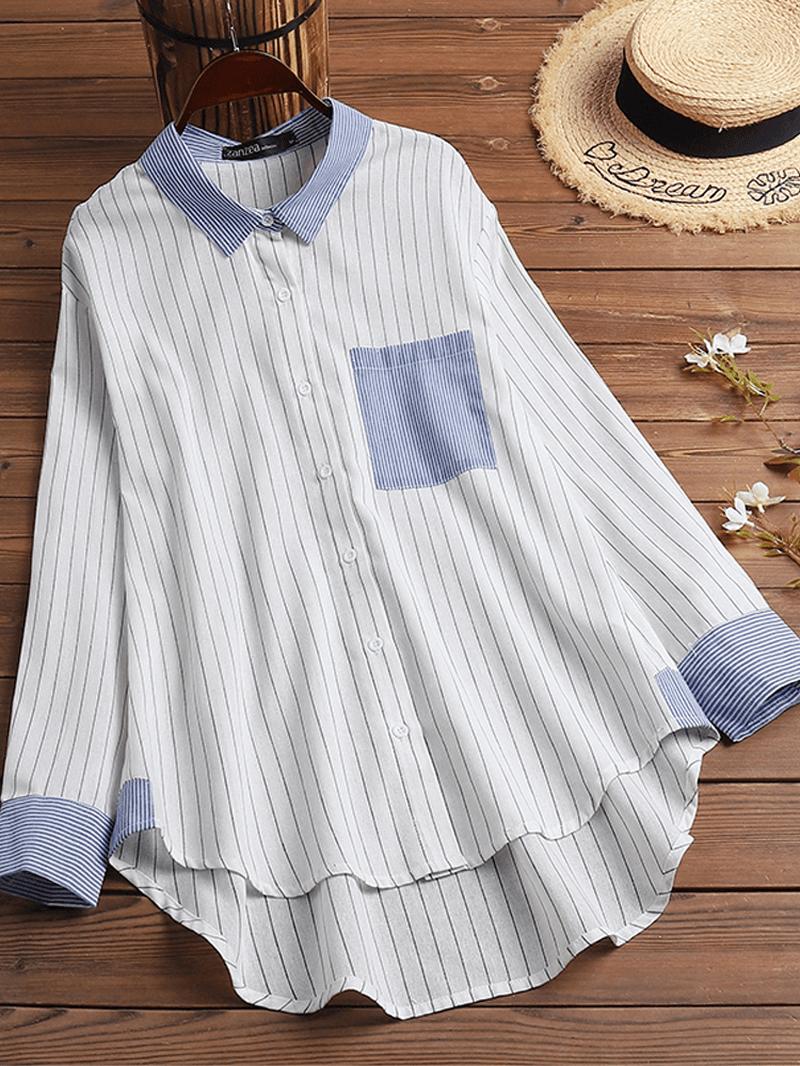 Women Cotton Stripe Print Patchwork Simple Daily Casual Shirts