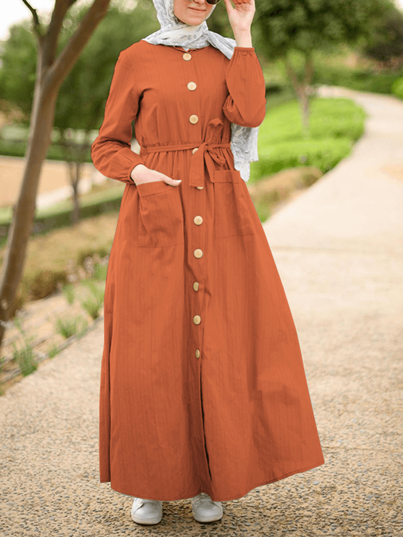 Women Front Pockets Lace-Up Mid-Calf Kaftan Length Maxi Dresses