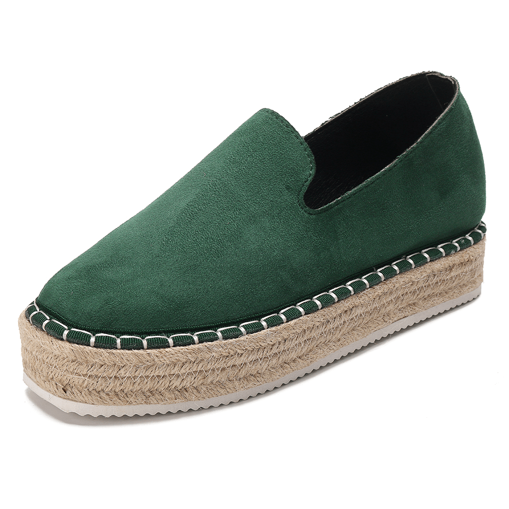 Women Suede Espadrilles Straw Braided Platform Loafers - MRSLM