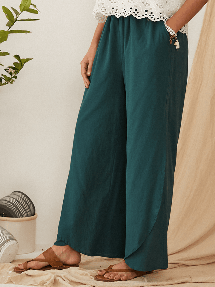 Casual Loose Elastic Waist Pocket Wide Leg Solid Pants for Women