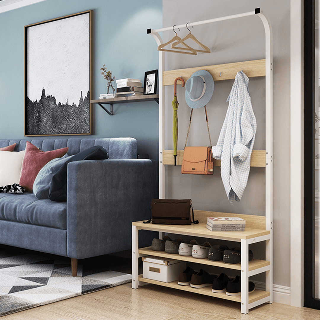 Coat Hangers Standing Coat Rack Solid Wood Iron Shoe Rack Entryway Coat Stand Clothes Rack Bedroom Living Room Clothes Hat Scarf Stand Multifunctional Storage Rack