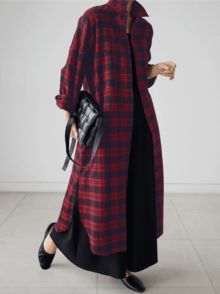 Women Plaid Retro Button Cuffs Split Side Pockets Lapel Long Sleeve Shirtdress Cardigan