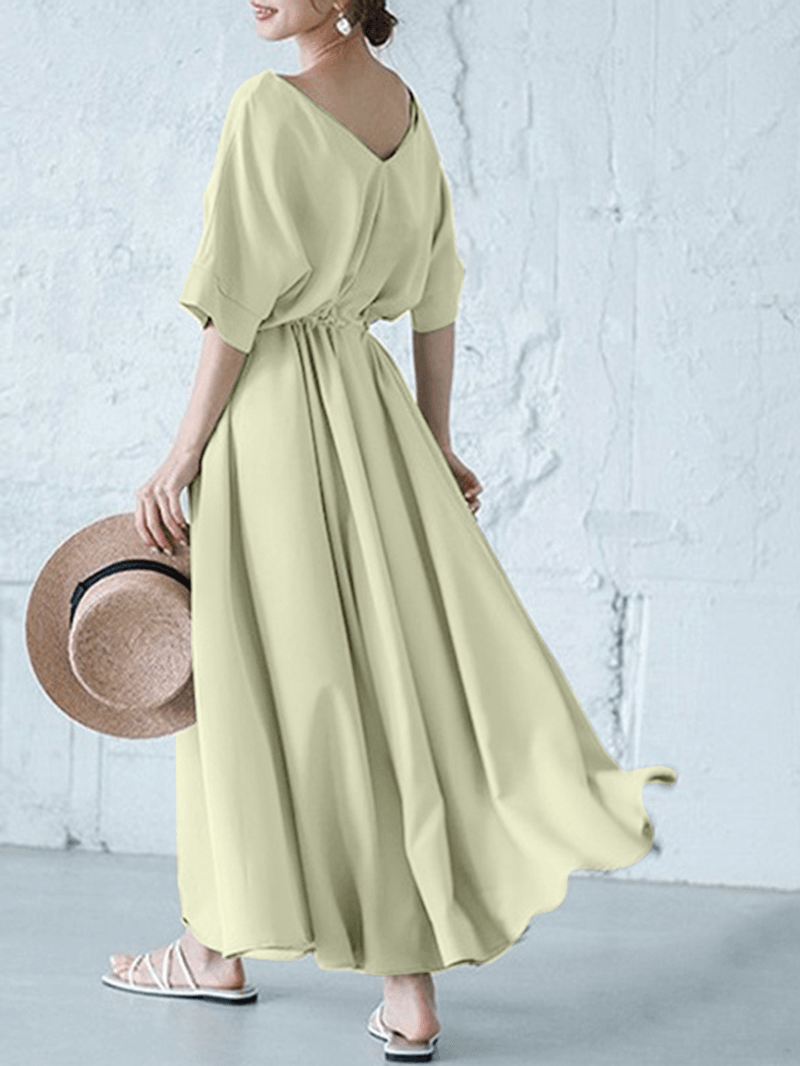 Solid Color V-Neck Drawstring Waist Short Sleeve Maxi Dress