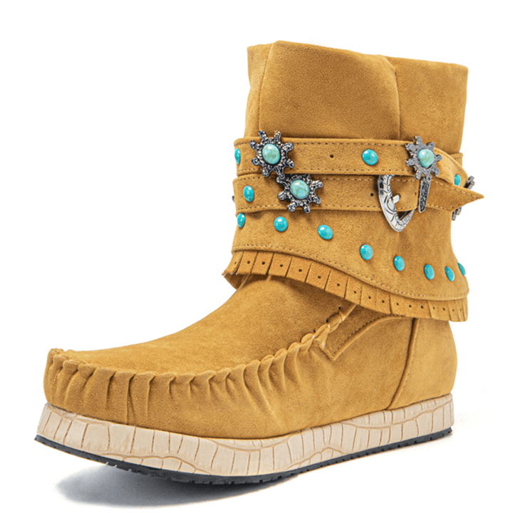 Plus Size Women Ethnic Rhinestone Tassel Flat Moccasin Short Boots - MRSLM