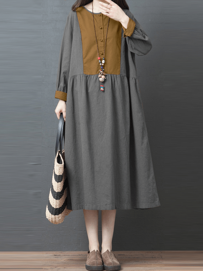 Women Contrast Patchwork Button Front Casual Long Sleeve Maxi Shirt Dresses