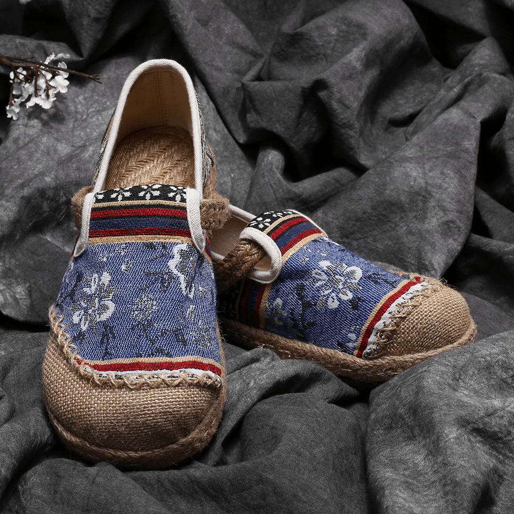 Women Linen Old Peking Printing Stricing Slip on Loafers