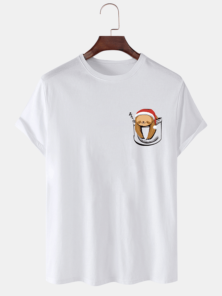 Mens 100% Cotton Christmas Bear O-Neck Solid Color Thin T-Shirt