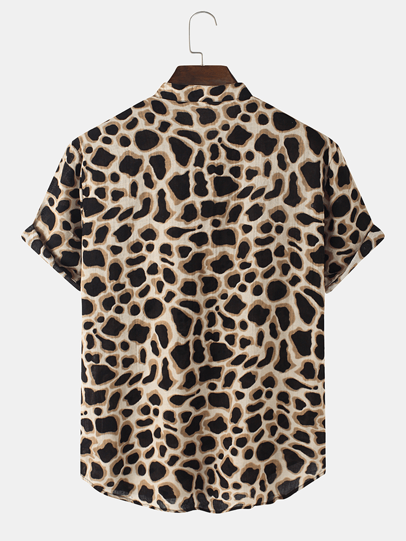 Mens Leopard Print Henley Collar Short Sleeve Shirts