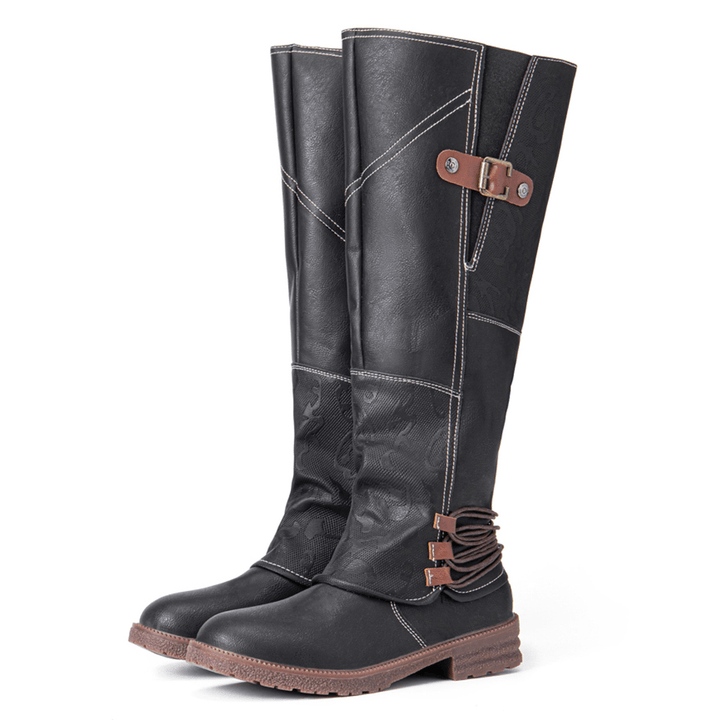 Women Metal Buckle Decor Slip on Mid Calf Riding Boots