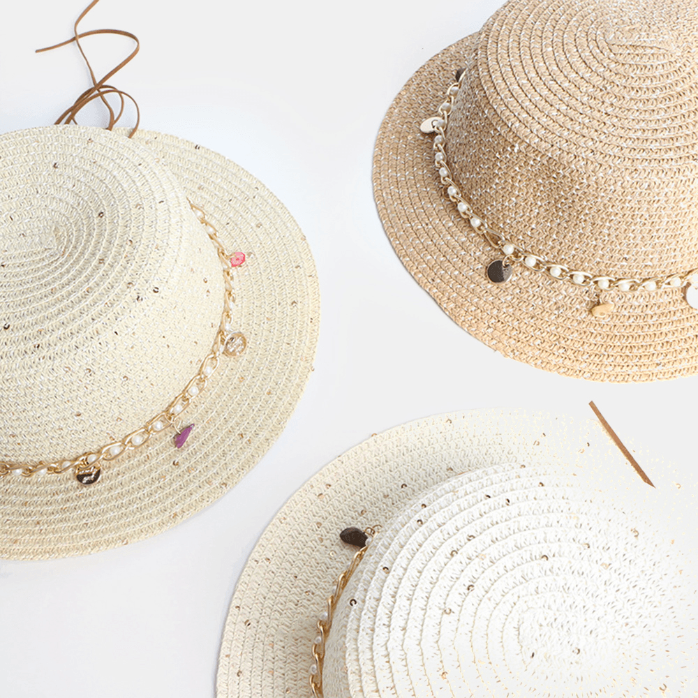 Women Sunscreen Summer Outdoor Casual Pearl Decoration Sun Hat Straw Hat